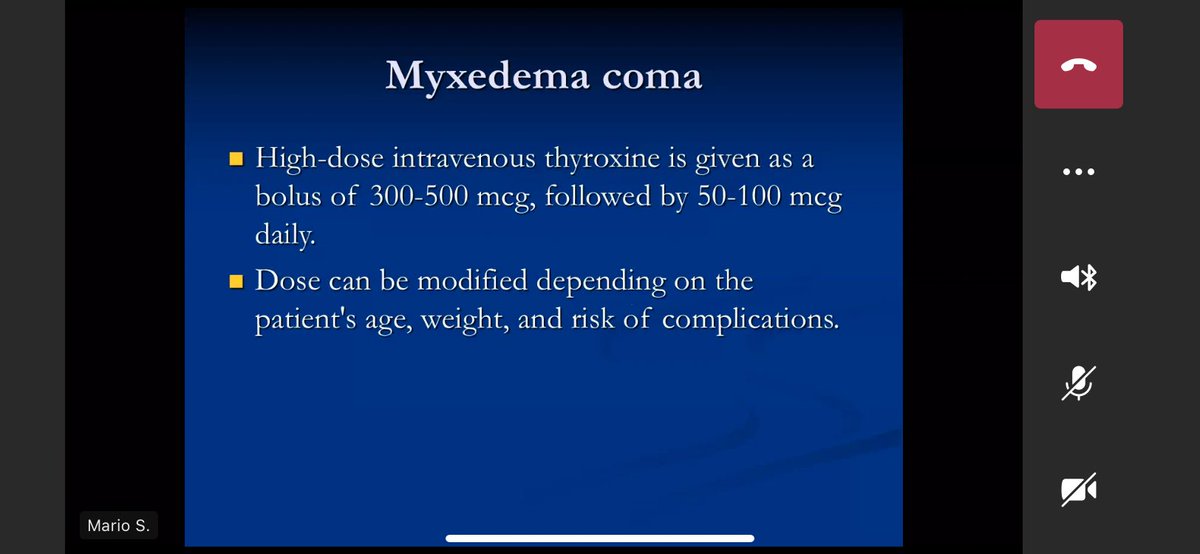 Myxedema coma - approach and treatment.- iv thyroxine- enteral liothyronine (T3) rarely used- steroids- treat the cause