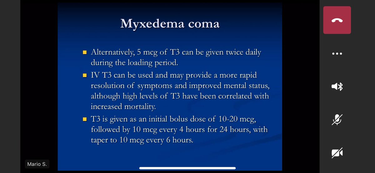 Myxedema coma - approach and treatment.- iv thyroxine- enteral liothyronine (T3) rarely used- steroids- treat the cause