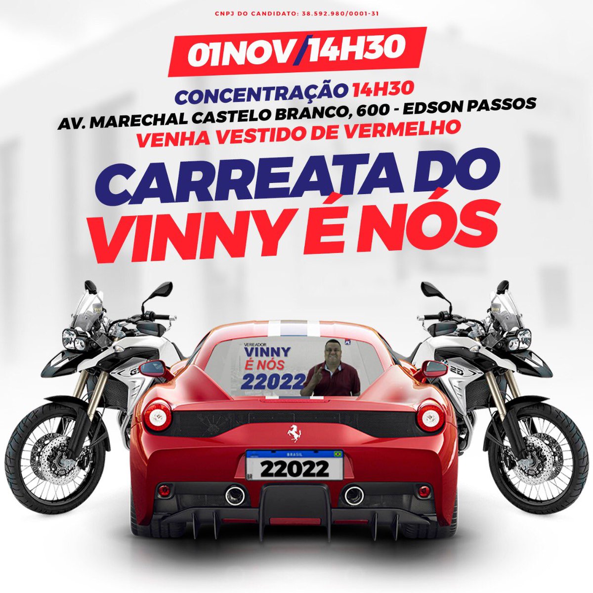 Eu, Vinny É Nós convido a todos a participar da nossa grande carreata, conto com a presença de todos os amigos e pessoas que apoiam o nosso projeto.
Rumo à vitória!! ✌🏽

Vinny É Nós 22022 / Jorge Miranda 22