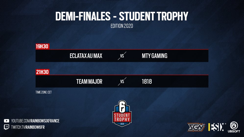 Student_GN's tweet photo. 🏆 Demi-finales WB du #6StudentTrophy 🏆

Qui parviendra à se hisser jusqu'en finale ? 👀

Réponse ce soir sur les chaines officielles de @R6esports_FR : 
👉 https://t.co/Huo9xJuu95
👉 https://t.co/sQTFKOMLYJ

Eclatax au Max ⚔ @MTYGGs - 19h30

@TeamMajorR6 ⚔ @selec1818 - 21h30 https://t.co/5DGWw2Q4UY