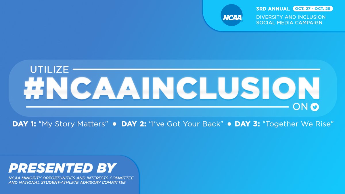 Today marked the first day for the third annual NCAA Diversity and Inclusion Social Media Campaign! Learn more about the event and follow along with #NCAAInclusion from Oct. 27th to Oct. 29th.

on.ncaa.com/DiversityAndIn…