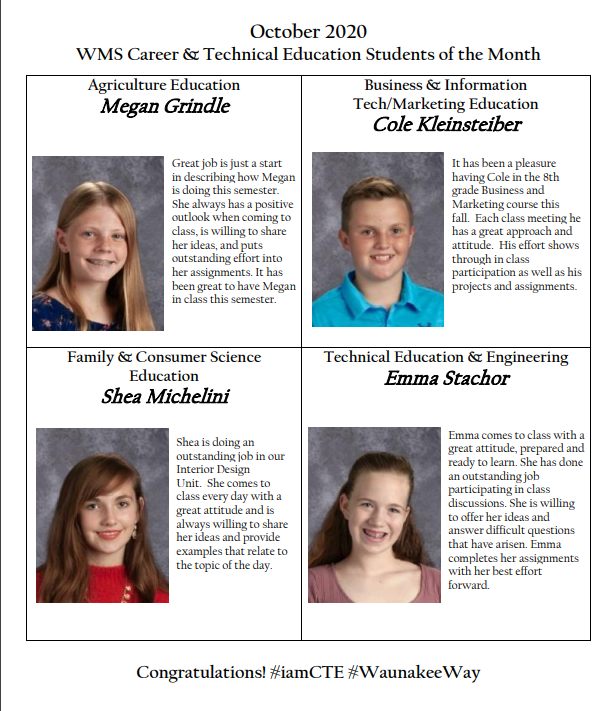 WaunakeeCTE's tweet photo. Virtual learning is not stopping our Career &amp; Technical Education students from shining!  Congrats to our October Career &amp; Tech Ed students of the Month! #cteworks #wearecte https://t.co/P8aOnhTlL3