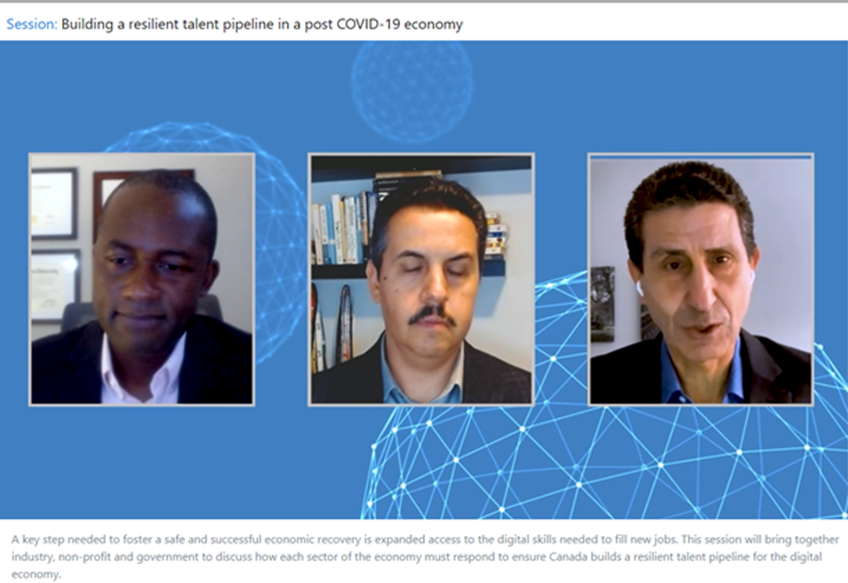 ICTC_CTIC's tweet photo. Streaming now! @NamirAnani_ICTC with Ousman Jobe @LinkedIn & Ahmed Adel @microsoftcanada discussing building a resilient talent pipeline in a post COVID-19 economy #MSFutureNow https://t.co/jD4gaYz1Bz