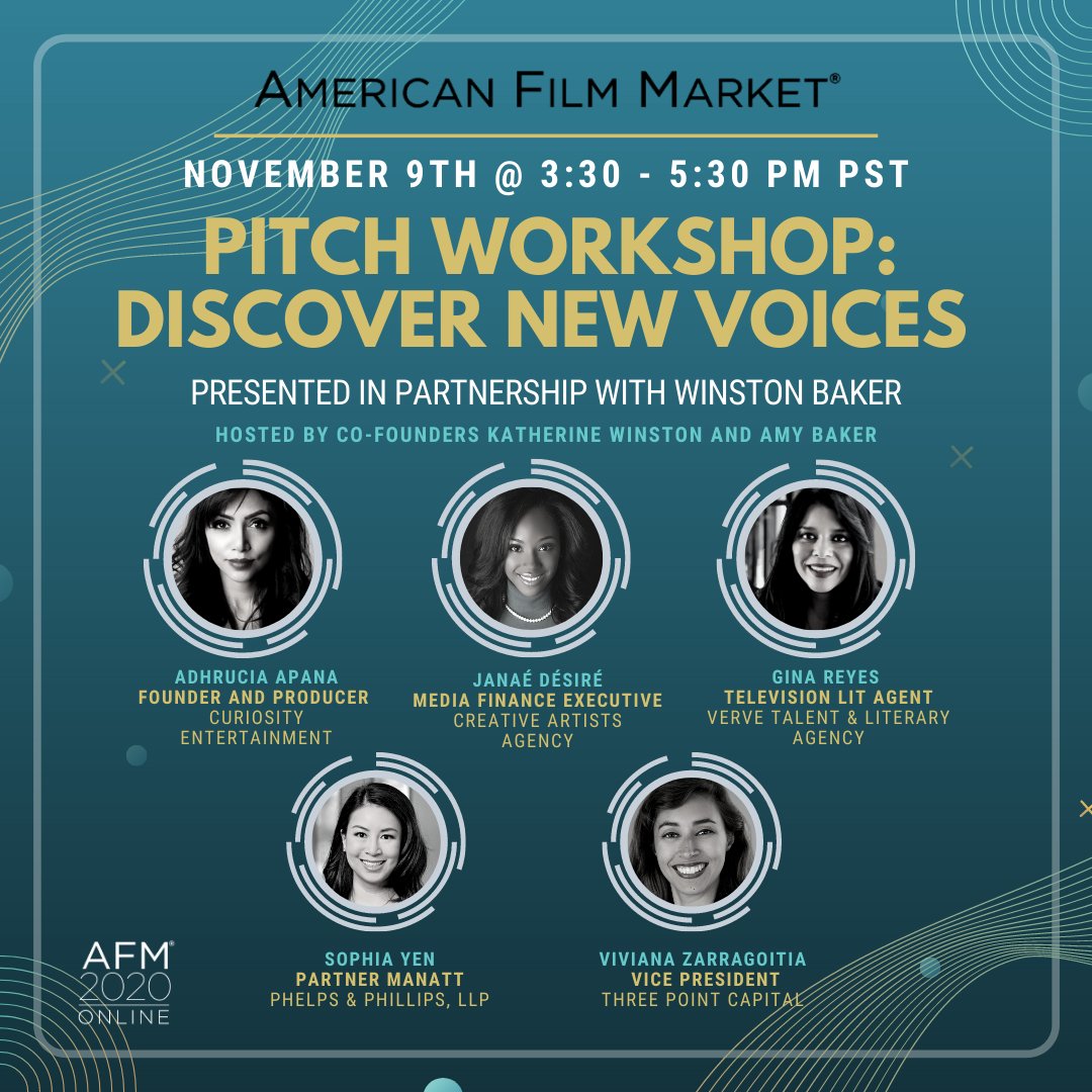 American Film Market (@afmofficial) on Twitter photo Join <a href="/WinstonBaker/">Winston Baker</a> 11/9 for “Pitch Workshop: Discover New Voices” in partnership with AFM. During this special event, we highlight new voices and untold stories through a variety of pitches followed by expert industry feedback.
More details on winstonbaker.com/events. #AFM2020 Join <a href="/WinstonBaker/">Winston Baker</a> 11/9 for “Pitch Workshop: Discover New Voices” in partnership with AFM. During this special event, we highlight new voices and untold stories through a variety of pitches followed by expert industry feedback.
More details on winstonbaker.com/events. #AFM2020