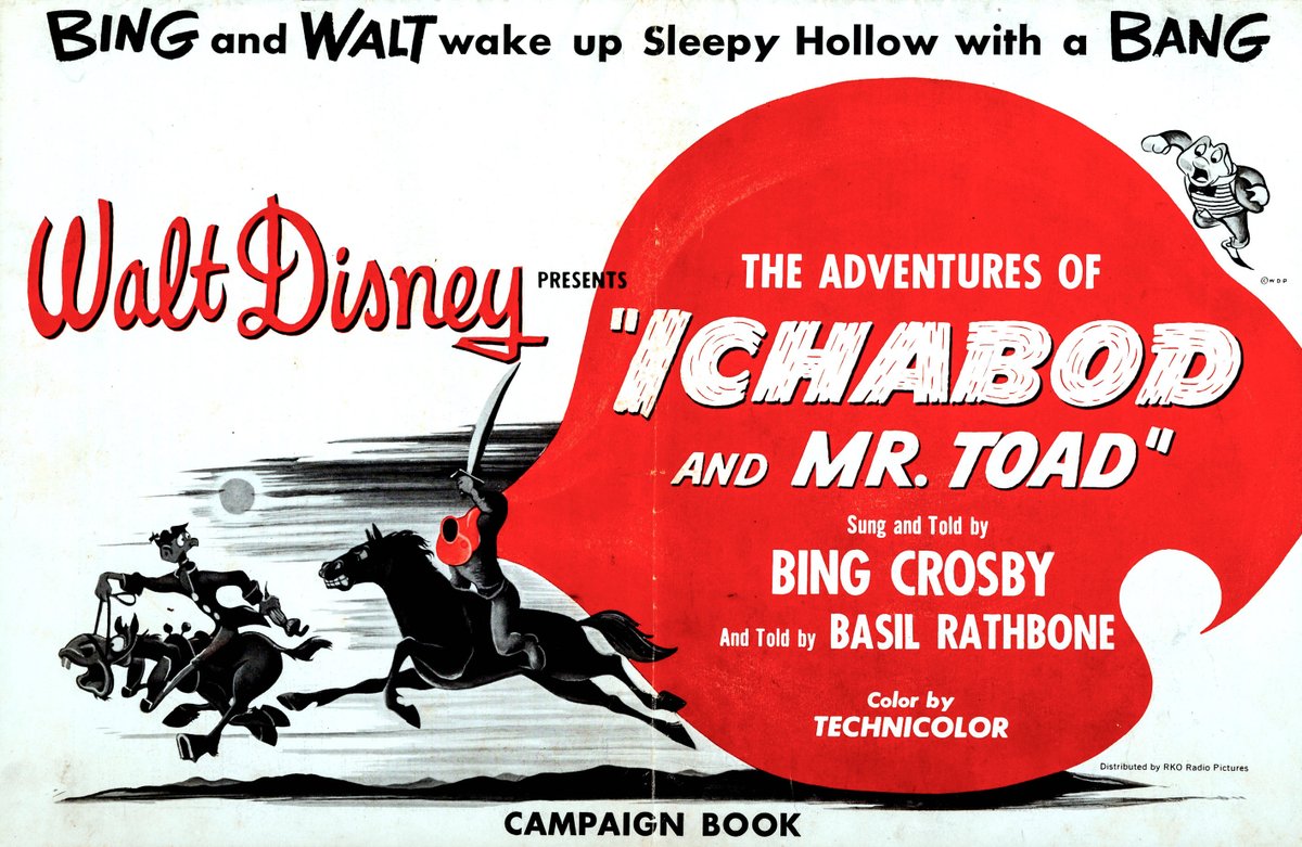 The main draw of "Ichabod" is its narration/singing by Bing Crosby - perhaps Disney's biggest push in features to generate marquee value for the segment. Packaged with "The Wind in the Willows," promotional ads showcase the climax of the picture, with Mr. Toad often cast aside.