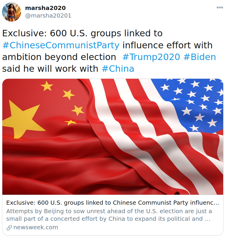 patrick_pmhui's tweet photo. An example of an astroturf campaign uncovered with @OSoMe_IU BotSlayer: suspicious accounts are using a legitimate news report to amplify a false narrative about links between Biden and China.

Visualized with Hoaxy (12:50pm ET)
https://t.co/otcGHUR9Uz

https://t.co/8xAeQRZfsN https://t.co/OUEJlcVCpA