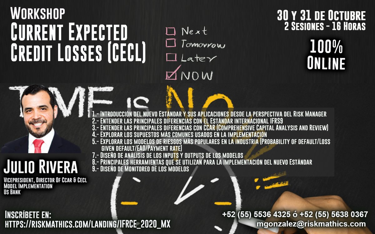 RiskMathicsFI's tweet image. #RMTC2020 #CECL #JulioRivera
riskmathics.com/landing/IFRCE_…
El presente tiene como objetivo principal brindar a los participantes de los conocimientos, técnicas y modelos que son necesarios para implementar #CECL en sus #instituciones.