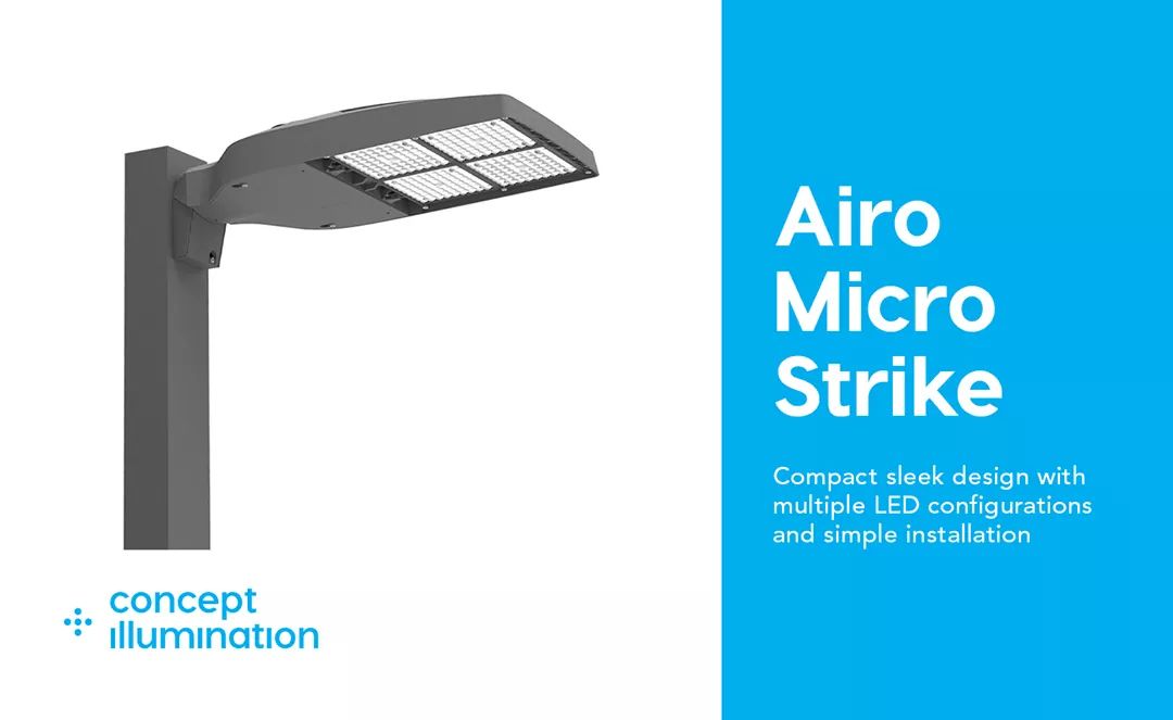 The new Airo luminaire from Hubbell Outdoor Lighting features Micro Strike Optics which maximize target zone illumination with minimal losses at the house-side, reducing light trespass issues.