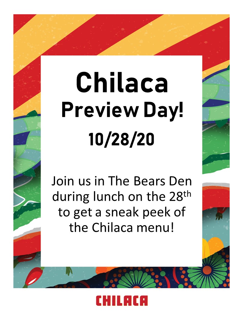 ShawneeDining's tweet photo. Come to The Bears Den tomorrow for a sneak peek of the Chilaca menu! 🌮🌯 #ShawneeDining #Chilaca #TheBearsDen https://t.co/438YmtrAzl