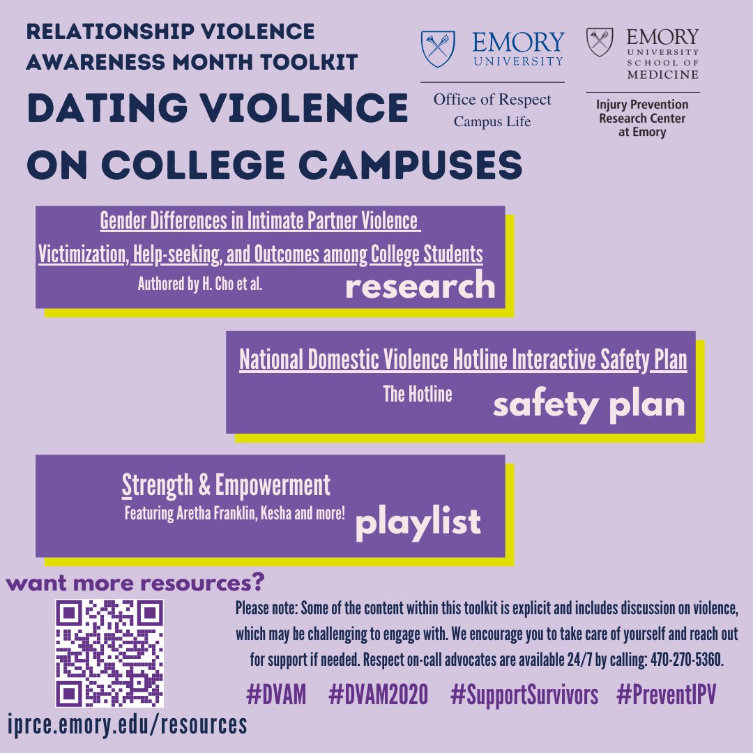 IPRCEmory's tweet photo. October is Relationship Violence Awareness Month (RVAM). Relationship violence is preventable. The resources below will support making a positive impact on dating violence on college campuses. @RespectWell @PADVAtlanta
#DVAM #DVAM2020 #SupportSurvivors #PreventIPV https://t.co/szbqtiNIG8