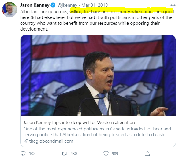 The concept of "shared prosperity" is not foreign to Alberta conservatives, of course. It's used quite often to describe the province's contributions to Confederation.