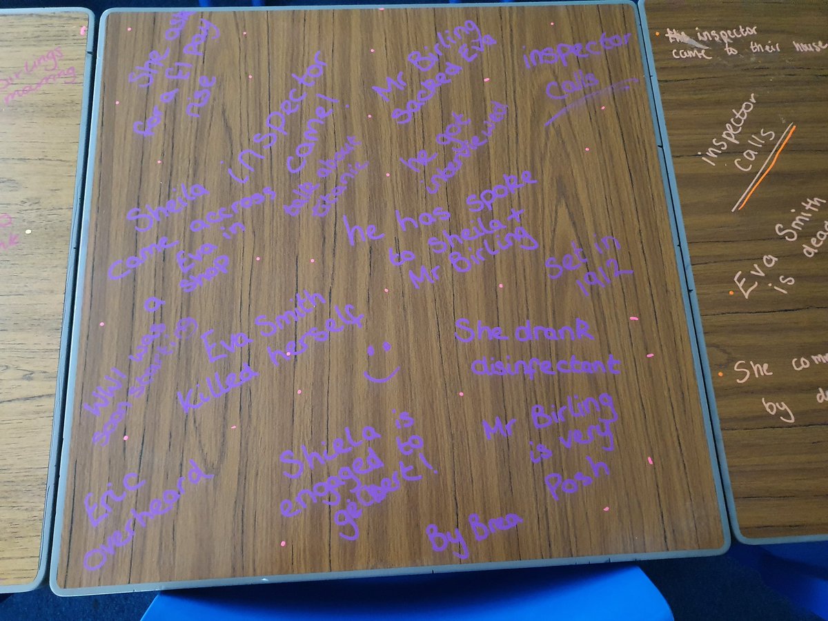 Miss_Quinn_MA's tweet photo. S3 have just started studying the classic "An Inspector Calls" and as part of today's plenary got to write key points about character/plot on their desks #chalkolapens #plenary #quickrecall #drama #responsibility #whodidit #MYSTERY https://t.co/rcgXNV05fo
