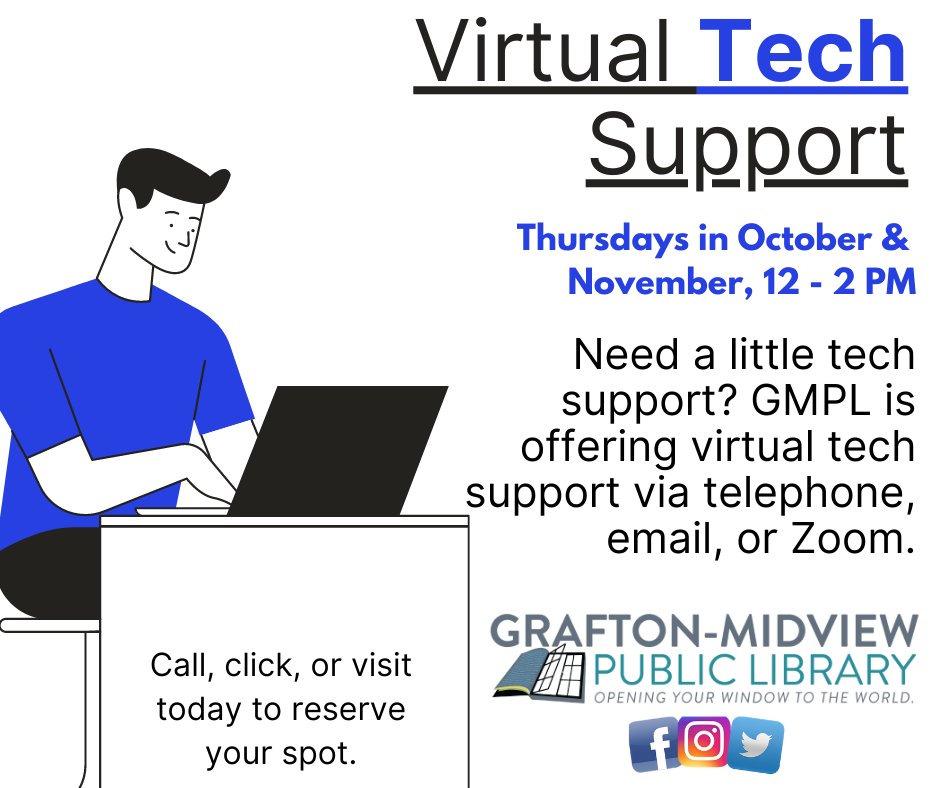 GraftonPL's tweet image. Get one-on-one instruction at home during Virtual Tech Support. Call 440-926-3317 to reserve your spot today. #virtualtechsupport #techsaavy #libraries #gmplathome