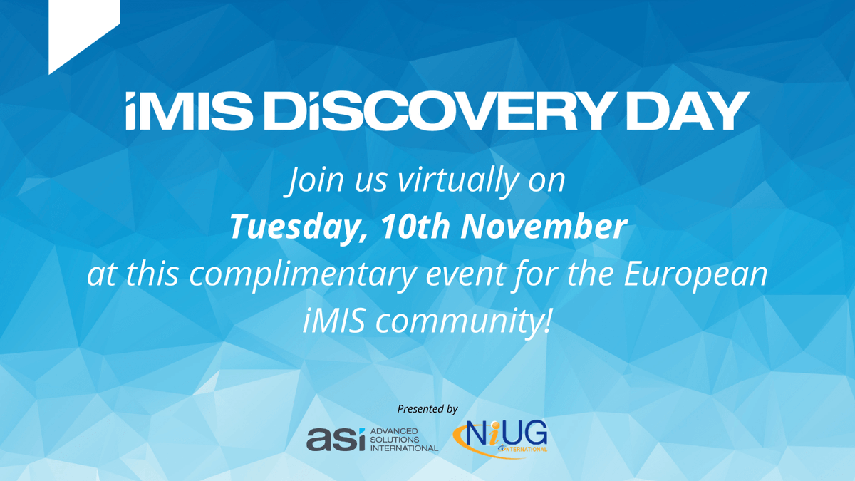 iMISbyASI's tweet image. ASI and NiUG International are excited to bring the #iMISDay2020 virtually to our European iMIS users on 10th November! Register now for this complimentary conference: advsol.com/discoveryeu #iMISCloud #iMIS #NiUG