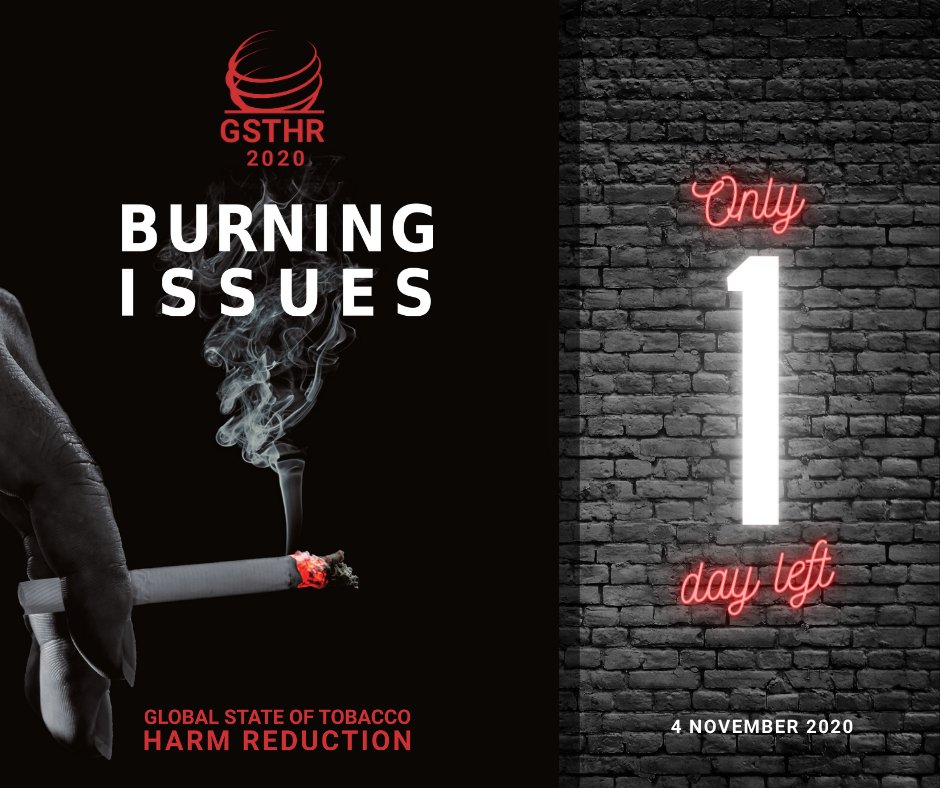 One day to go. Join us. 

#BurningIssues: The Global State of #TobaccoHarmReduction 2020.

▪️ 4/11/20 from 10am GMT;
▪️ 3 sessions;
▪️ 15 livestreamed speakers;
▪️ Live audience Q+A;
▪️ Or playback later.

Registration free - everyone welcome: 

events.gsthr.org