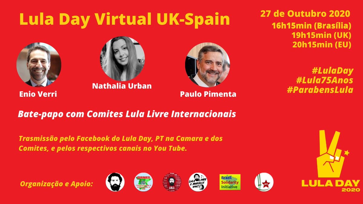 gabcamb's tweet photo. Today we celebrate democracy with a live in a couple of hours (in Portuguese). For the Freedom of President @LulaOficial, against #lawfare. Hoje, celebramos a democracia com uma live em algumas horas. #LulaLivre #AnulaSTF @FreeLulaUK @NucleoPTLondres @NaraJararaca @FreeLulaOxford https://t.co/AG7xh8z684