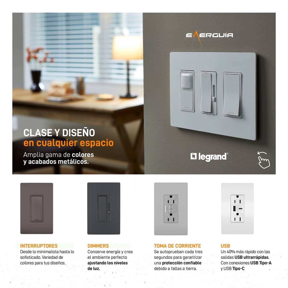 Energuiard's tweet photo. Combina diseño y función con The Radiant Collection. ✨ @LegrandGroupES 
.
Soluciones estéticas de interruptores, tomacorrientes, dimmers, luz nocturna, cargadores USB e inalámbrico.
.
#SomosTuGuía #Legrand #SmartHome #SmartLights #TheRadiantCollection  #WirelessCharging https://t.co/PzrcvSlx6Z