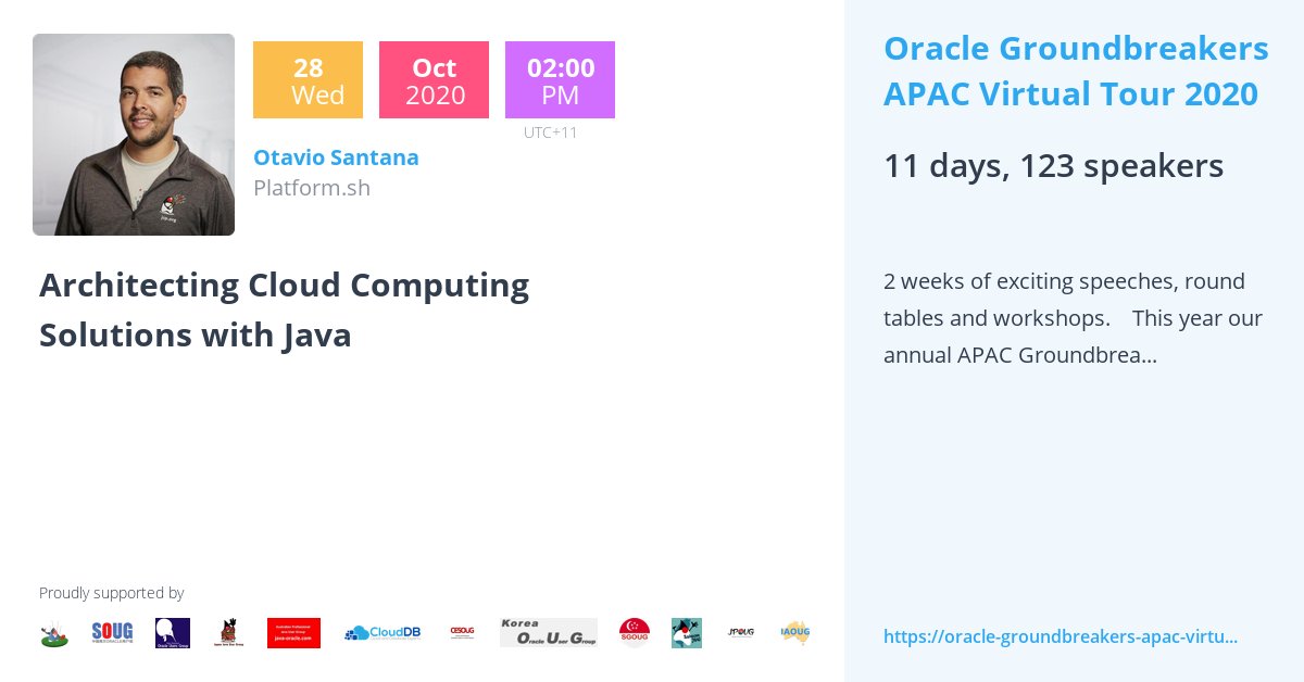 otaviojava's tweet image. This week:
Excited to be speaking at Oracle Groundbreakers APAC!
Architecting Cloud Computing Solutions with #Java
@groundbreakers @platformsh @JakartaEE 
That is time to move your Java #application in the cloud
#oraclegroundbreakersapacvirtualtour2020
buff.ly/34BarBm