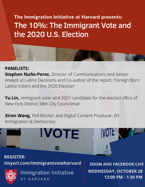 IIH_Harvard's tweet photo. Join us tomorrow, midday EST, for the launch of 2 new Issue briefs &amp; a discussion of immigrant voting &amp; the upcoming U.S. election with @AAPIData @LatinoDecisions. Register on Zoom or join us on Facebook Live! https://t.co/PRnNfBPJsq #immigrantvote #migrationharvard https://t.co/QfLkn8XO4s