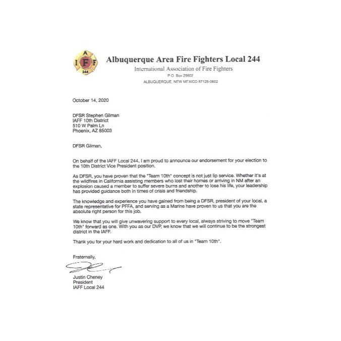 iafflocal244's tweet photo. The Albuquerque Area Fire Fighters are proud to endorse 10th District Field Service Representative Stephen Gilman for 10th DVP. We know with his experience, the 10th will continue to be a powerhouse in the IAFF. #Gilmanfordvp10 #team10meansTEAM10 #nolipservice #unitediaff https://t.co/ruK6QNpCuC