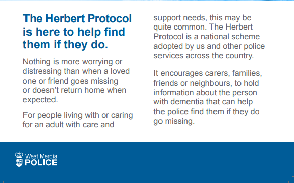 Do you have a loved one with dementia and are worried about them going missing?

Fill out a #HerbertProtocol form and send it to your local police; include all vital information needed by responders in the event of an emergency or a search.

Download here: westmercia.police.uk/SysSiteAssets/…