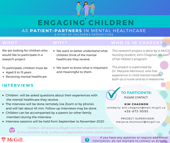 MHCC_'s tweet photo. A study from @mcgillu, on engaging children as patient-partners in mental healthcare, is looking to meet children to better understand how they feel about the mental health care they receive. https://t.co/ILzss48XoB