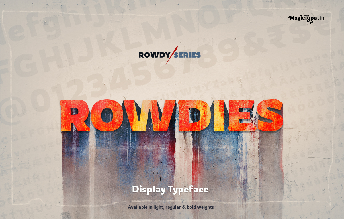 googlefonts's tweet image. New Font! Rowdies by @MagicTypeIndia is a Latin display typeface inspired by rough &amp;amp; tough Bollywood action movies. Available in 3 weights. 🦂  fonts.google.com/specimen/Rowdi…