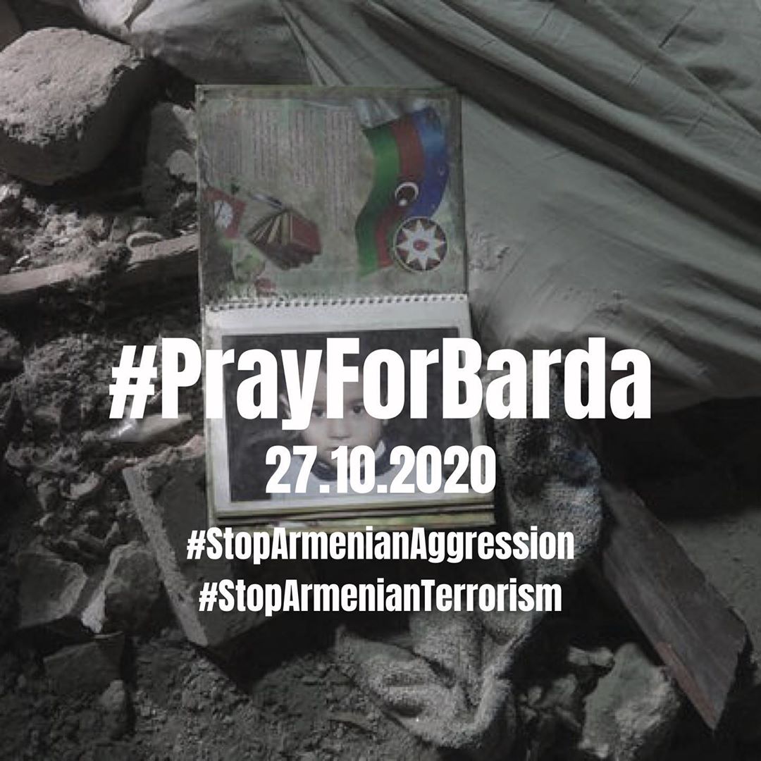 October 27 that 4lp.m,artillery bombardmentofGarayusiflivillage, Barda district by hostile armed forces, resulted in killing civilians Jafarova Ofeliya,Ahmadova Aybaniz,Ismayilov Ehtiram,and Isgandarova Aysu, born in 2013. Another 7 peaceful civilians were injured #prayforbarda