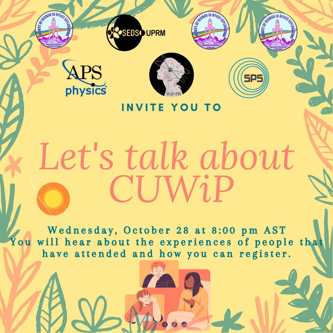 WomeninPhysUPRM's tweet image. 💜🚨TOMORROW: Oct/28🚨💜

Have you registered for CUWiP 2021? Want to learn more about the conference and students' experiences? Join us at 8:00pm!💫

DM for the meeting link📥💻