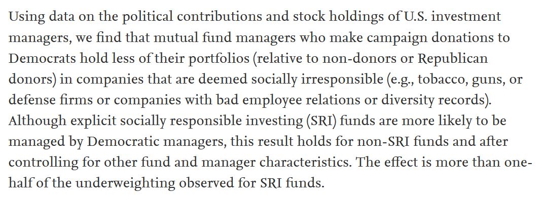 20/ In the stock market context, Democratic-donating mutual fund managers invest less than Republican ones "in companies deemed socially irresponsible"--even after excluding socially responsible investing (SRI) funds. https://papers.ssrn.com/sol3/papers.cfm?abstract_id=1214382. https://www.sciencedirect.com/science/article/pii/S0304405X11000304