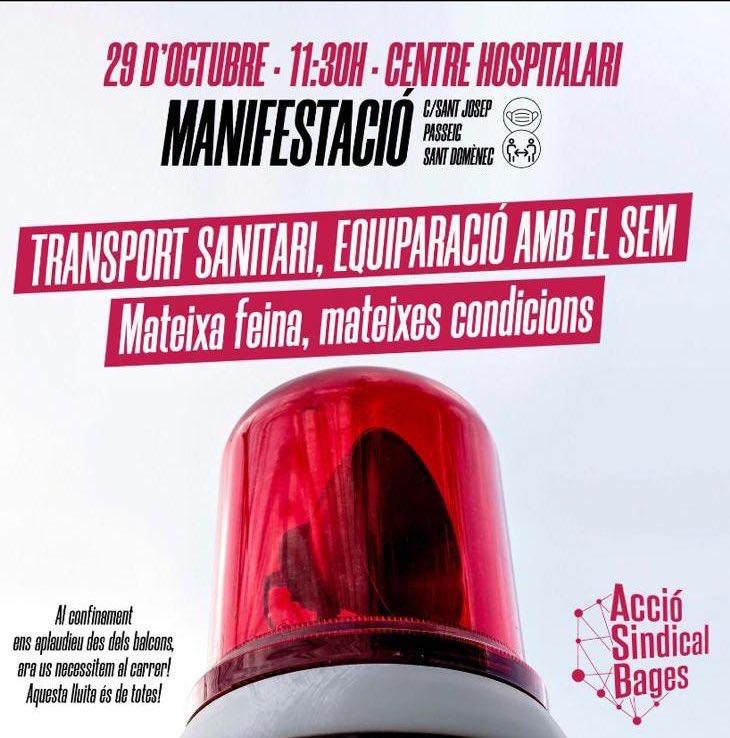 Guillem666's tweet photo. En nom dels treballadors del sector del Transport Sanitari del Bages, us volem demanar suport màxim a tothom, sumeu-vos a la marxa en suport dels treballadors d'aquests serveis tan essencials per a la població. Normalment som nosaltres qui corre a ajudar-vos quan ens necessiteu https://t.co/oDVyl6Tzsg