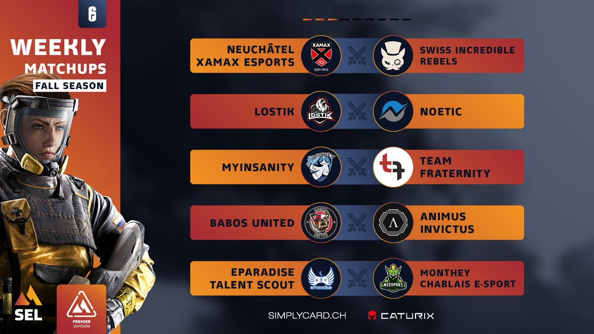 esportsleaguech's tweet image. 📆 The third week of the #SELFallSeason🍂 is already in full swing for #CSGO, #RainbowSixSiege and #RocketLeague. Here you can see this week's matches. 

⭐ Good luck and have fun to all the competing teams!
