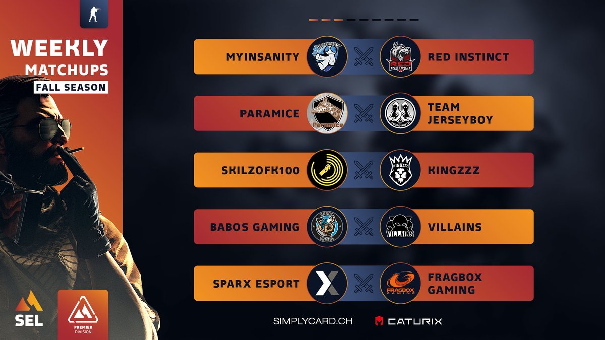 esportsleaguech's tweet image. 📆 The third week of the #SELFallSeason🍂 is already in full swing for #CSGO, #RainbowSixSiege and #RocketLeague. Here you can see this week's matches. 

⭐ Good luck and have fun to all the competing teams!