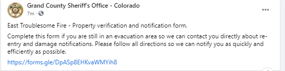 CEDRdigital's tweet photo. #GrandCO Sheriff asks residents who are still under evacaution for #EastTroublesomeFire to complete the form so they can get in contact with you about reentry and damage assessment.
https://t.co/LB3f4pcyhI https://t.co/WmFjTrxFum