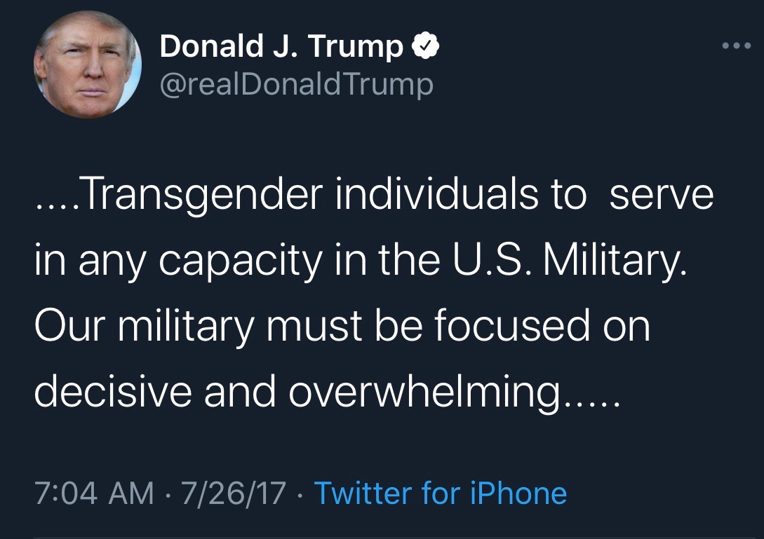 In a surprise early morning tweet thread spread over 13 tense minutes Trump lied and said he had consulted with his "generals" and decided to implement a ban on the service of transgender individuals. The news shocked the Pentagon and service members.