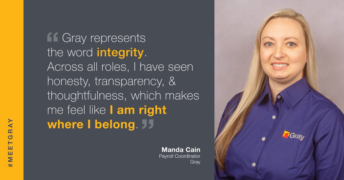 lifeatgray's tweet photo. Meet Manda! After being in the #GrayFamily for nearly two years, Payroll Coordinator Manda Cain describes Gray as a company that represents the word integrity. Read her reasoning and more about her experience on the blog: https://t.co/mA8WP99jiF. #MeetGray https://t.co/jWBhjrV7JX