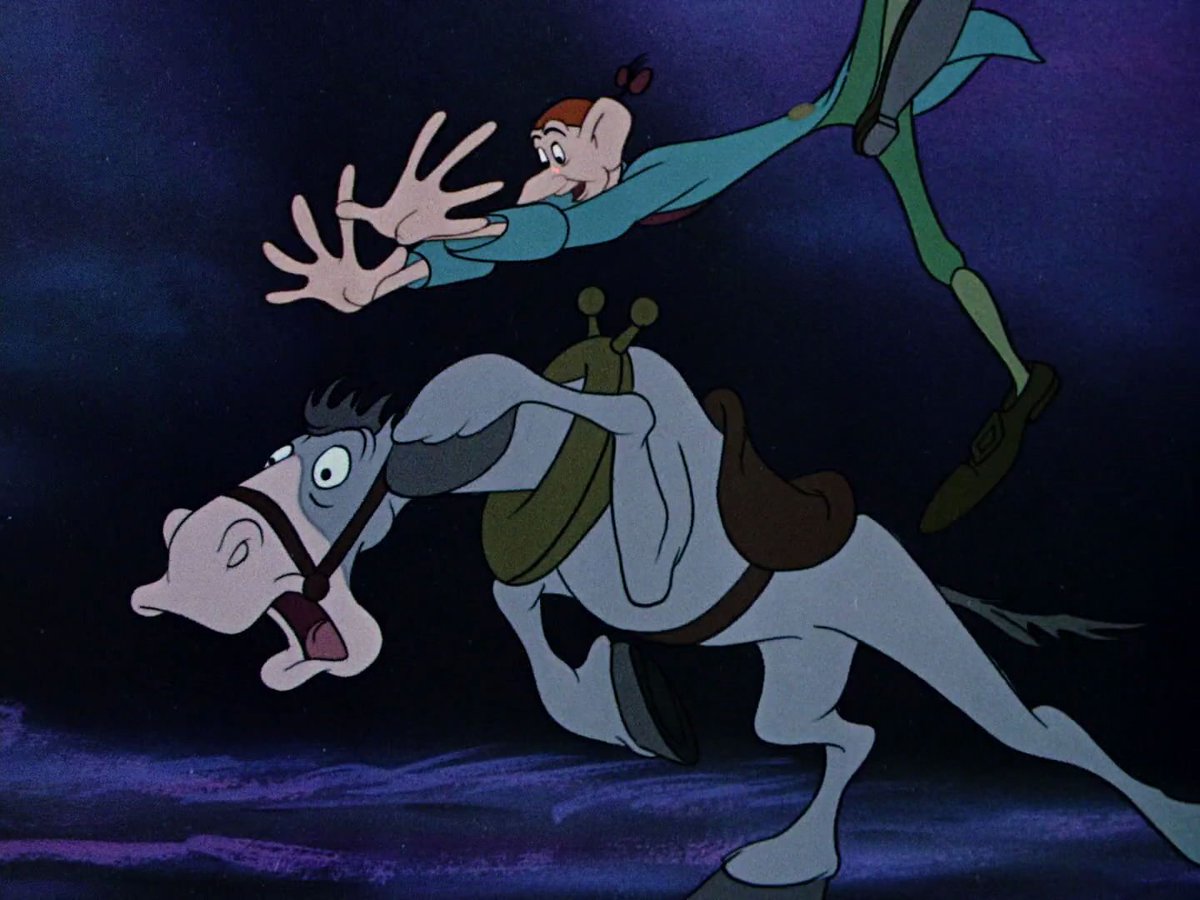 More humorous open posing in the chase. Ichabod swings around the horse's neck here.Not having control is fear.