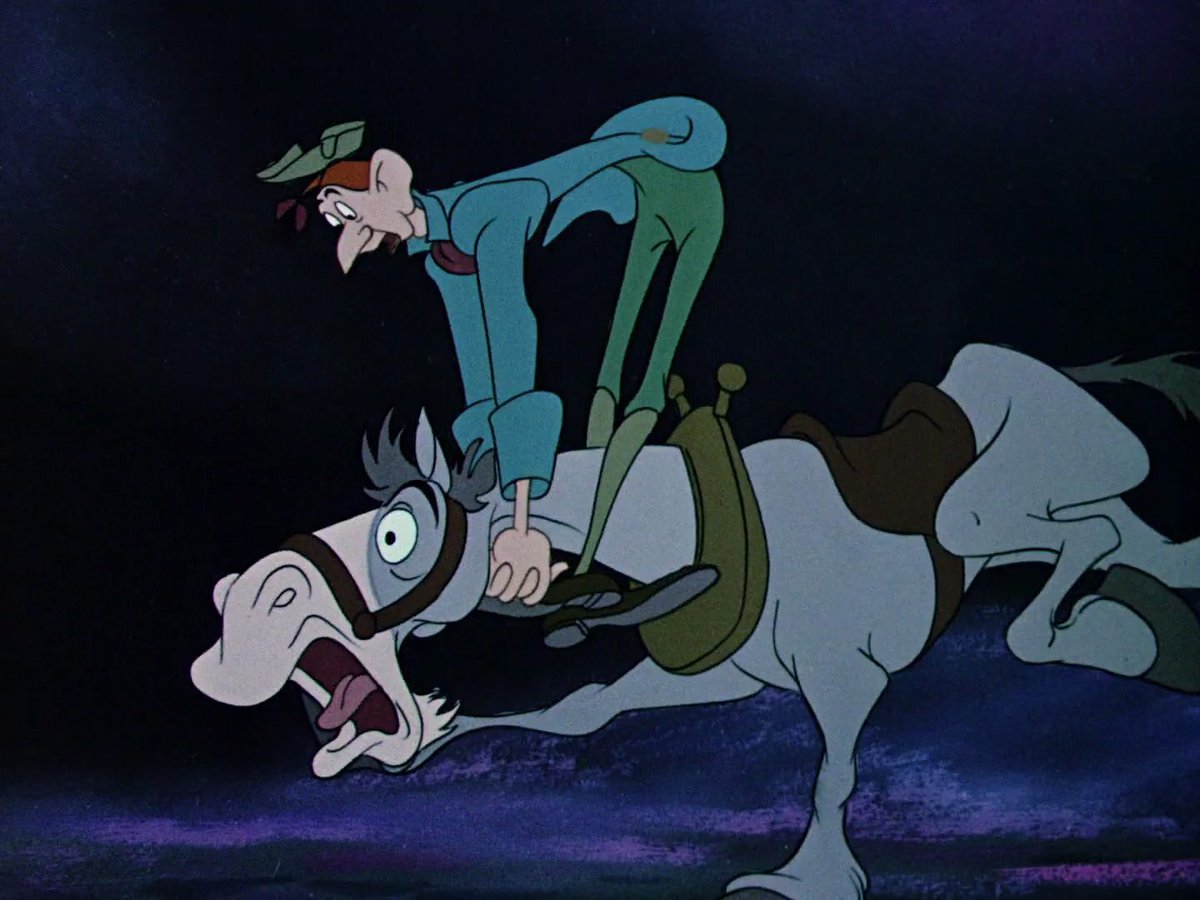 More humorous open posing in the chase. Ichabod swings around the horse's neck here.Not having control is fear.