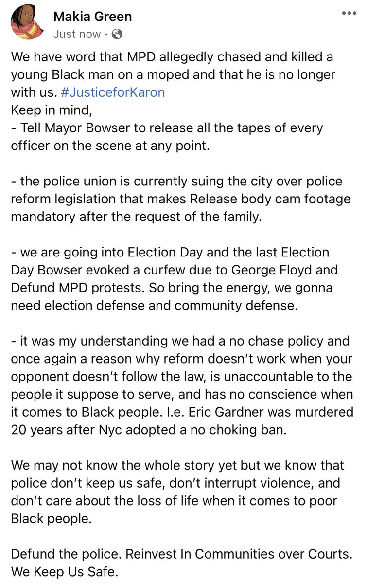 DMVBlackLives's tweet image. @mayor_bowser  we demand full transparency on the death of #KaronHylton. He was being chased by the @dcpolicedept  at the time of his death. We Demand that all Video footage be release to the Public. The Police lights were activated. We Demand that all Officers involve named.