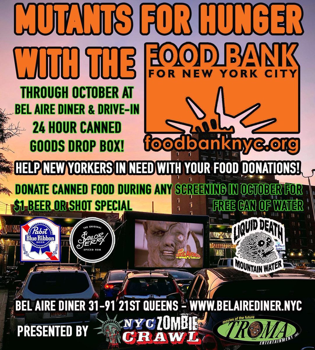 #mutantsforhunger continues this week at the <a href="/BelAireDiner/">Bel Aire Diner</a> ! Get your canned goods in for $1 <a href="/PabstBlueRibbon/">Pabst Blue Ribbon</a> <a href="/SailorJerry/">Sailor Jerry</a> or free <a href="/LiquidDeath/">Liquid Death</a> for a good cause <a href="/FoodBank4NYC/">Food Bank For New York City</a>