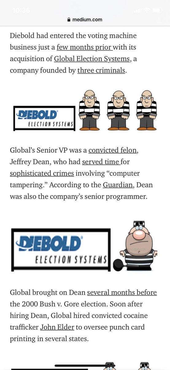 Global Election Systems’ largest shareholder & Sr. VP was a convicted embezzler whose crimes involved sophisticated computer tampering. It changed its name 2 Diebold in 02 when it was acquired by Diebold, Inc. whose CEO was Bush donor. GA used Diebold touchscreens from 02-2019.1/