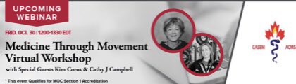 CASEMACMSE's tweet photo. Join our very own Drs Cathy Campbell and @KimCoros Oct 30th at noon as they present on the health enhancing benefits of physical activity to our physiatry colleagues https://t.co/ZLSx5Q8nHw #medicinethroughmovement @CAPM_R https://t.co/DbOiPwOBZ7