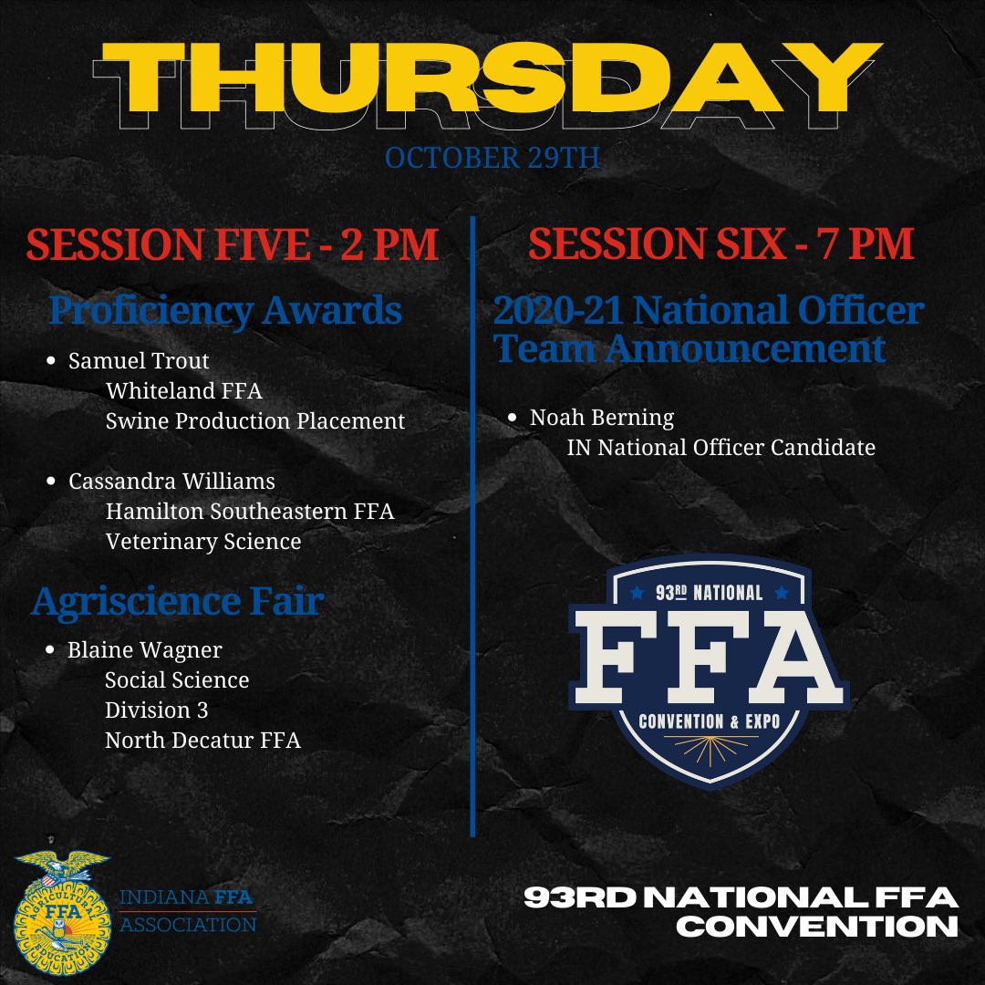 Click to view a watch list of sessions that recognize our very own Indiana FFA members and supporters. Share your photos using the hashtag #FFA20 #INFFANatCon