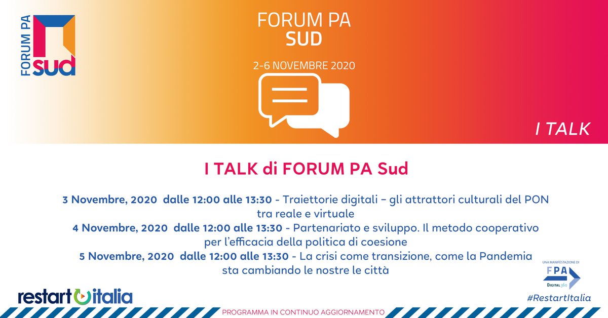 FPA_net's tweet photo. #RestartItalia I talk di #FORUMPASud📕📙

3-5 novembre, in streaming, per restituire una panoramica su #PONCultura e Sviluppo. #PonMetro, #PONGovernance e #CapacitàIstituzionale 2014-2020 , #PianoSud2030 e i progetti avviati nelle regioni del Mezzogiorno 👉https://t.co/rHg8kVAhlq https://t.co/DKuYgIbK0t