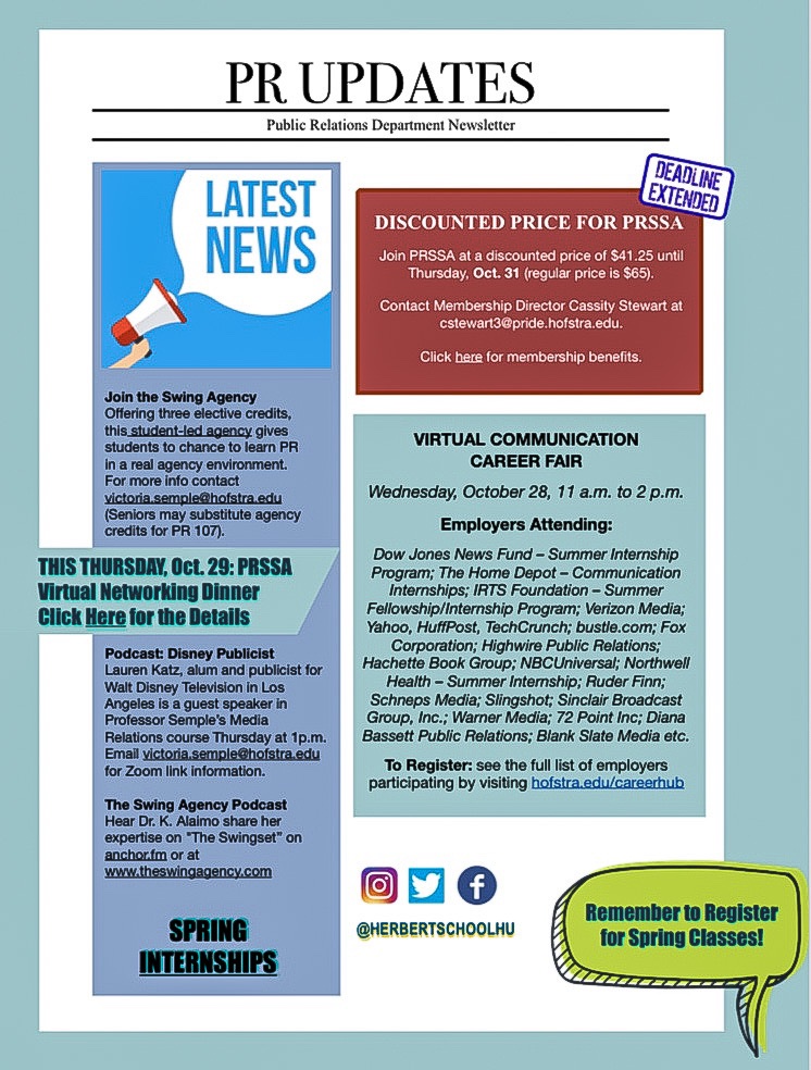 LHSCDiversity's tweet image. View the latest PR updates created exclusively for LHSC public relations majors! 📣
•
If you have any questions, feel free to contact the department at JRNLMSPR@hofstra.edu.

#publicrelations #prmajors #prupdates