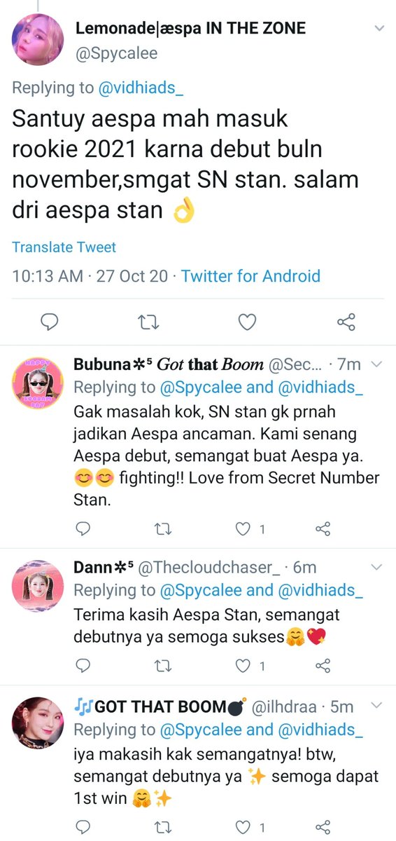 + Are you Aespa Stan? Maybe you cannot understand, this is Indonesian language. And in this tweet, Aespa Stan cheering for SN stan and SN stan cheering Aespa for their debut. Lovely interaction 