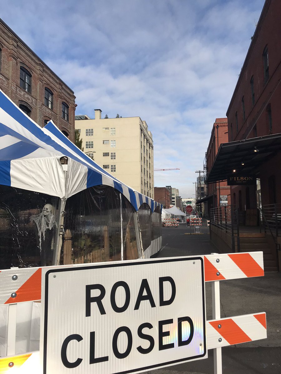 Down on NW Hoyt &amp; 13th: restaurants and bars like <a href="/riverpigsaloon/">River Pig Saloon</a> got creative for winter. They put up enclosed tents with openings along 1 side + bottom and benches and tables inside the tents. 

It’s allowed under <a href="/PBOTinfo/">Portland Bureau of Transportation</a> winter street/sidewalks permits. 

<a href="/KGWNews/">KGW News</a>