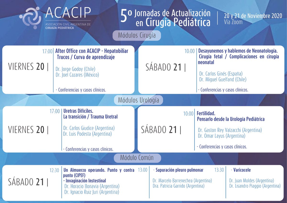 Estimados socios,
Les informamos que el 20 y 21 de noviembre se realizará la 5ta Jornada de Actualización en Cirugía Pediátrica organizada por la ACACIP. La misma será realizada por Zoom de manera gratuita.
En los próximos días se comunicará el ID de la reunión.
Los esperamos!