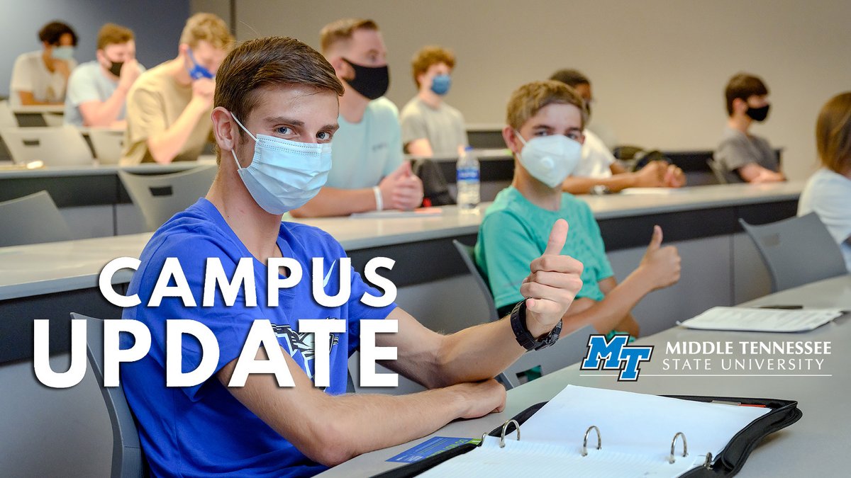 MTSUNews's tweet photo. #MTSU community: @PresidentMcPhee has an update on our safety protocols to help #MTSUStayOnCourse. Bottom line: EVERYONE β students, faculty, staff & guests β must continue to #WEARAMASK in all buildings; it's keeping us all safer. π·π https://t.co/w4zeq81b2B #TrueBlue https://t.co/JIaGR8Szbk