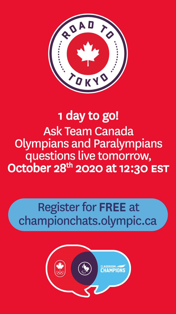 Let’s do it! ONE DAY until I can show you what I’ve been working on this Fall with <a href="/teamcanada/">Team Canada</a> <a href="/cdnparalympics/">Canadian Paralympic Team</a> <a href="/classroomchamps/">Classroom Champions</a>. And it’s LIVE!
Tune in to championchats.olympic.ca tomorrow  at 12:30pm ET to hear from me and some amazing Canadian athletes. #BeAChampion!